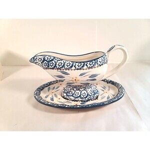 EUC Temptations By Tara Old World Blue Gravy Boat Bowl & Under Plate Clean